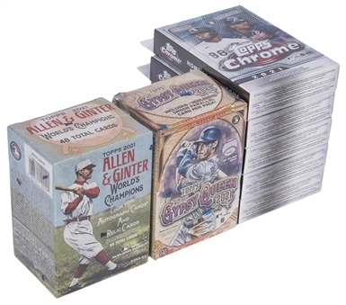 2021 Topps Baseball Sealed Box Collection (7) Including Allen & Ginter Blaster Box (1), Topps Chrome Hanger Boxes (5) & Topps Gypsy Queen Blaster Box (1)